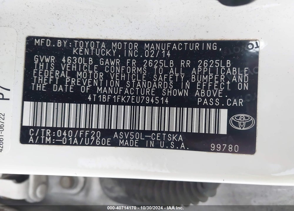 2014 TOYOTA CAMRY SE VIN: 4T1BF1FK7EU794514