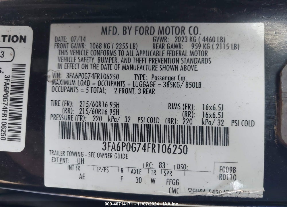 2015 FORD FUSION VIN: 3FA6P0G74FR106250