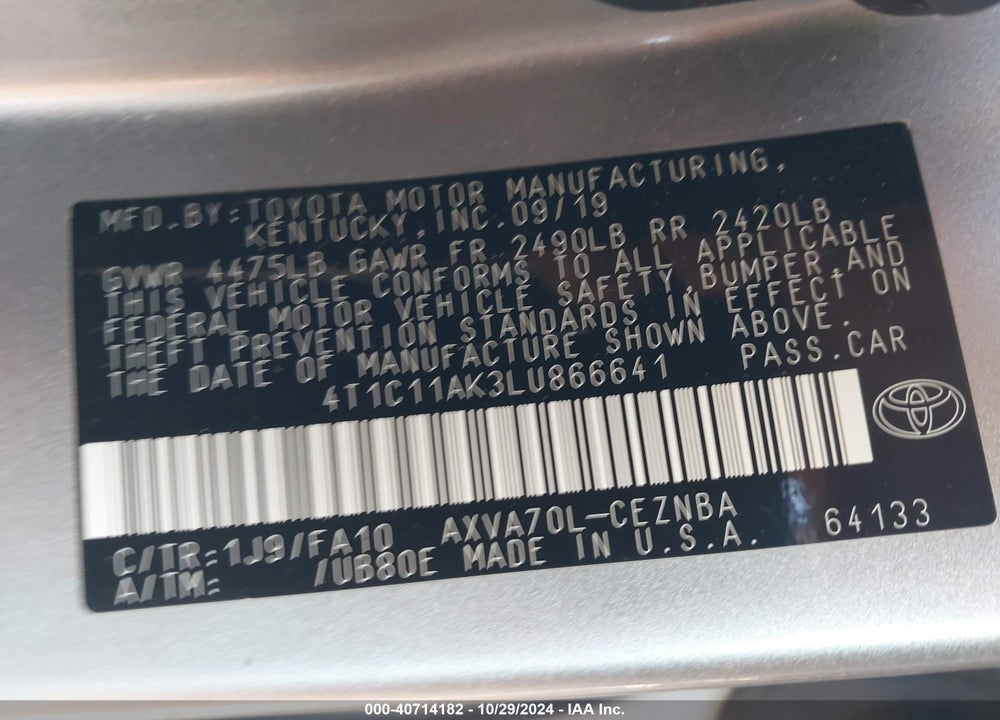 2020 TOYOTA CAMRY VIN: 4T1C11AK3LU866641