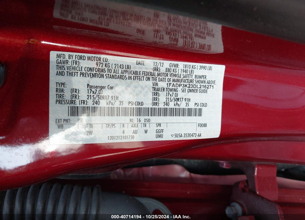 2013 FORD FOCUS VIN: 1FADP3K23DL216271