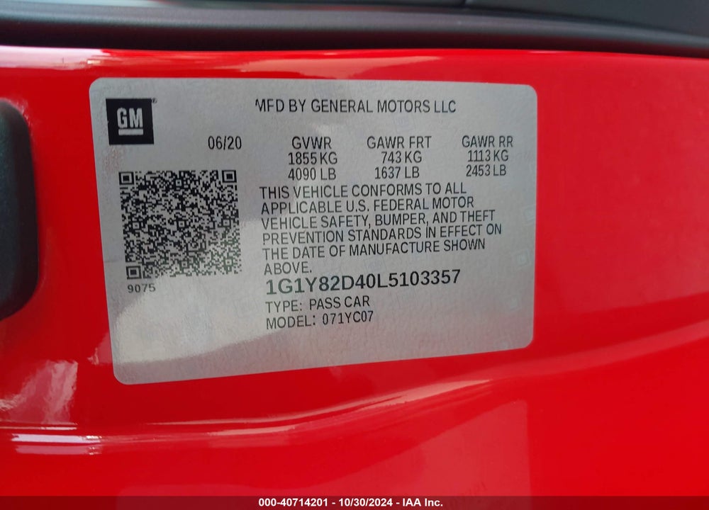 2020 CHEVROLET CORVETTE STINGRAY RWD 3LT VIN: 1G1Y82D40L5103357