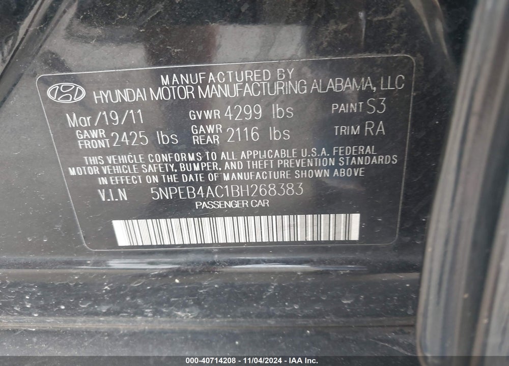 2011 HYUNDAI SONATA VIN: 5NPEB4AC1BH268383