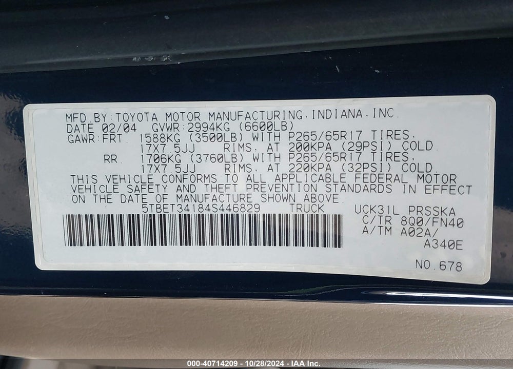 2004 TOYOTA TUNDRA SR5 V8 VIN: 5TBET34184S446829