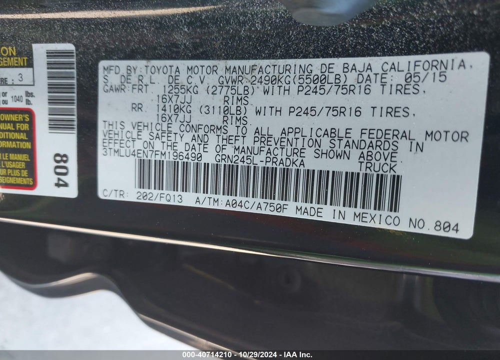 2015 TOYOTA TACOMA BASE V6 VIN: 3TMLU4EN7FM196490