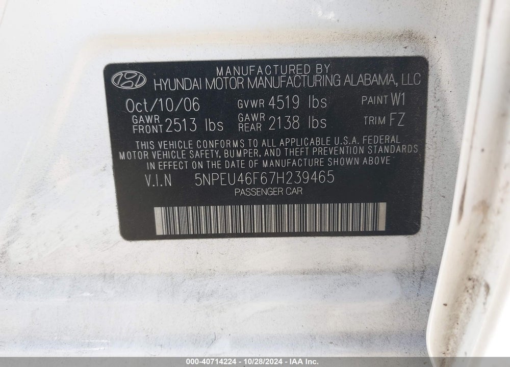 2007 HYUNDAI SONATA LIMITED/SE V6 VIN: 5NPEU46F67H239465