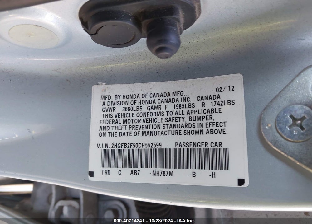 2012 HONDA CIVIC LX VIN: 2HGFB2F50CH552599