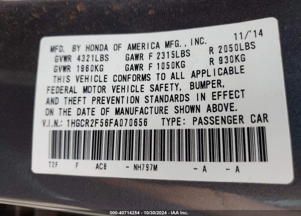 2015 HONDA ACCORD SPORT VIN: 1HGCR2F56FA070656