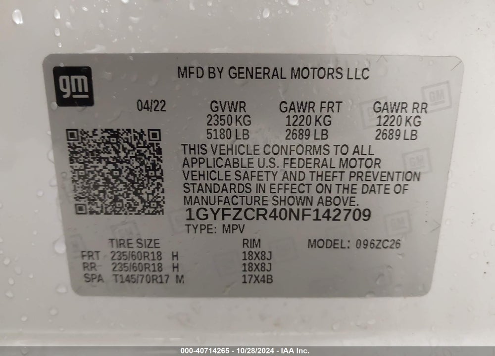 2022 CADILLAC XT4 FWD PREMIUM LUXURY VIN: 1GYFZCR40NF142709
