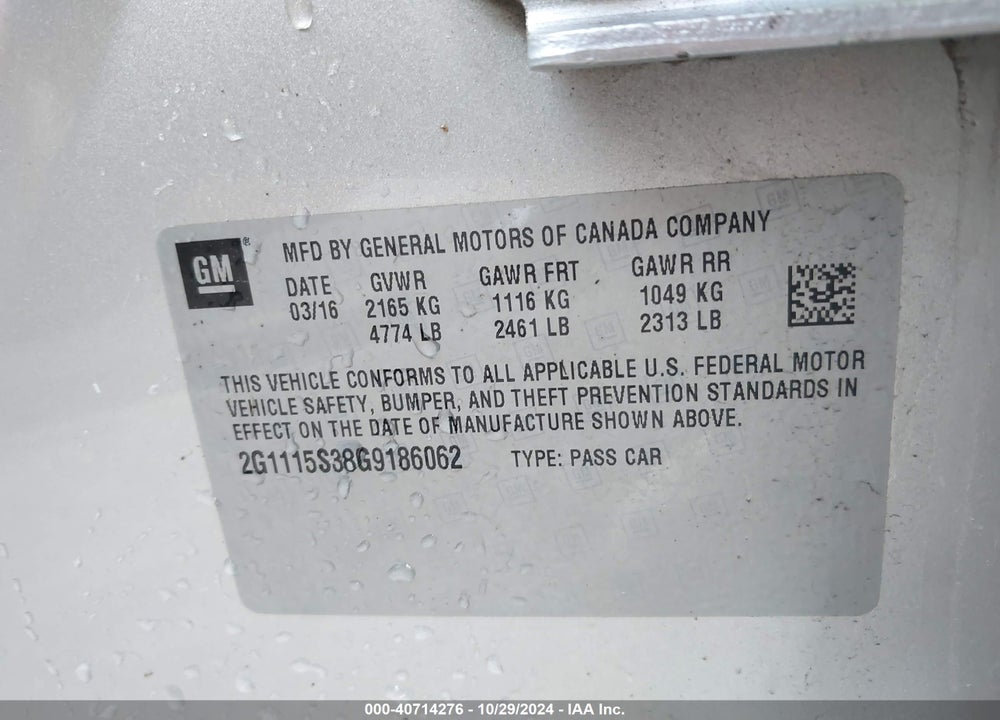2016 CHEVROLET IMPALA 2LT VIN: 2G1115S38G9186062