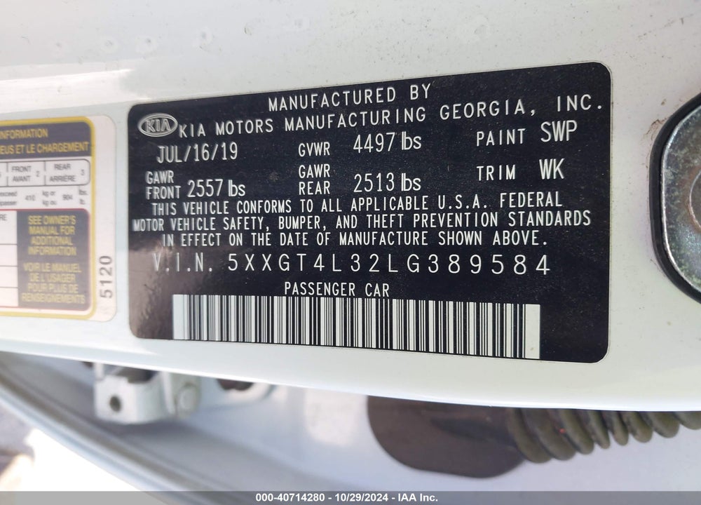 2020 KIA OPTIMA LX VIN: 5XXGT4L32LG389584