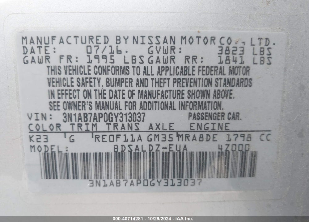 2016 NISSAN SENTRA SV VIN: 3N1AB7AP0GY313037