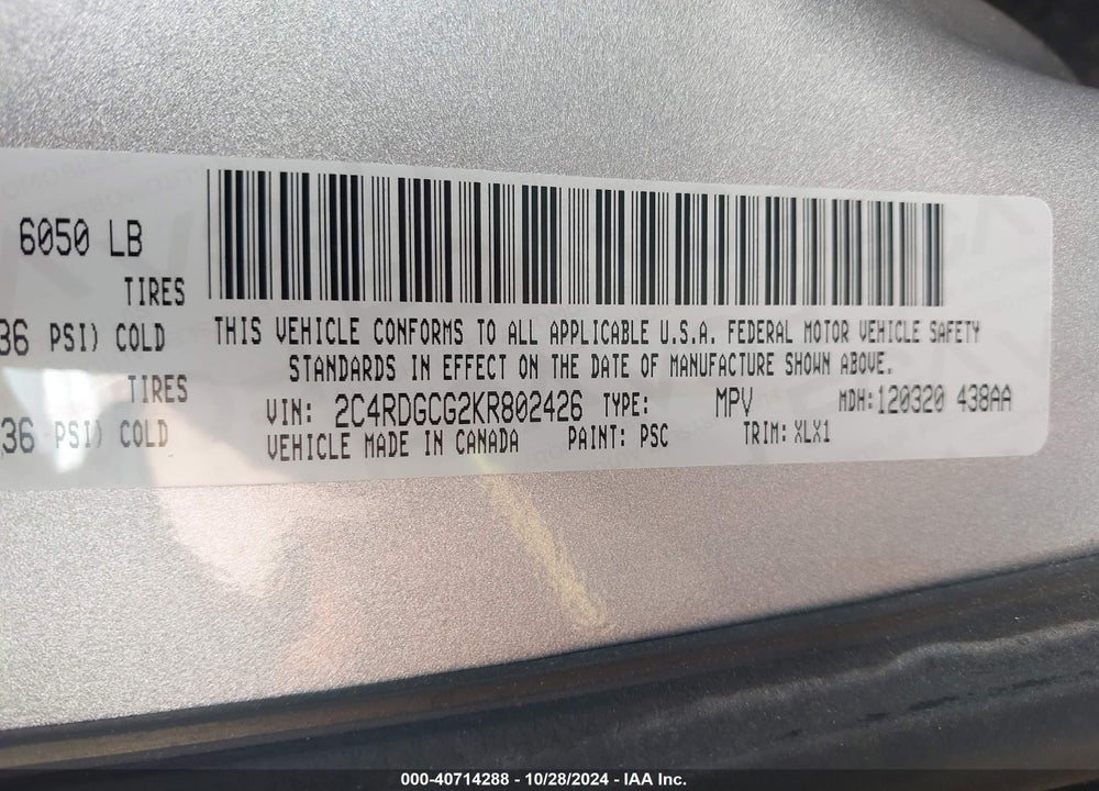 2019 DODGE GRAND CARAVAN SXT VIN: 2C4RDGCG2KR802426