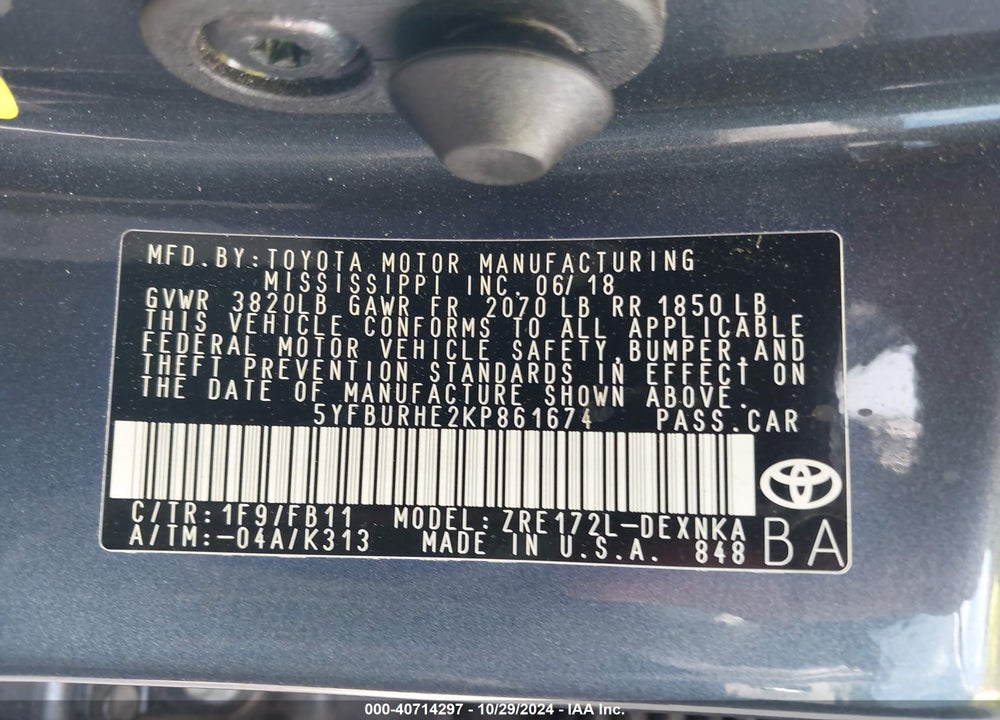 2019 TOYOTA COROLLA LE VIN: 5YFBURHE2KP861674