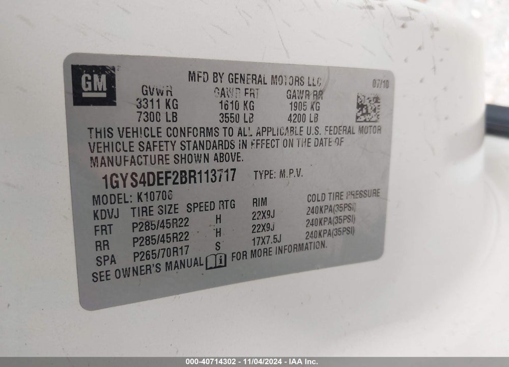 2011 CADILLAC ESCALADE PLATINUM EDITION VIN: 1GYS4DEF2BR113717