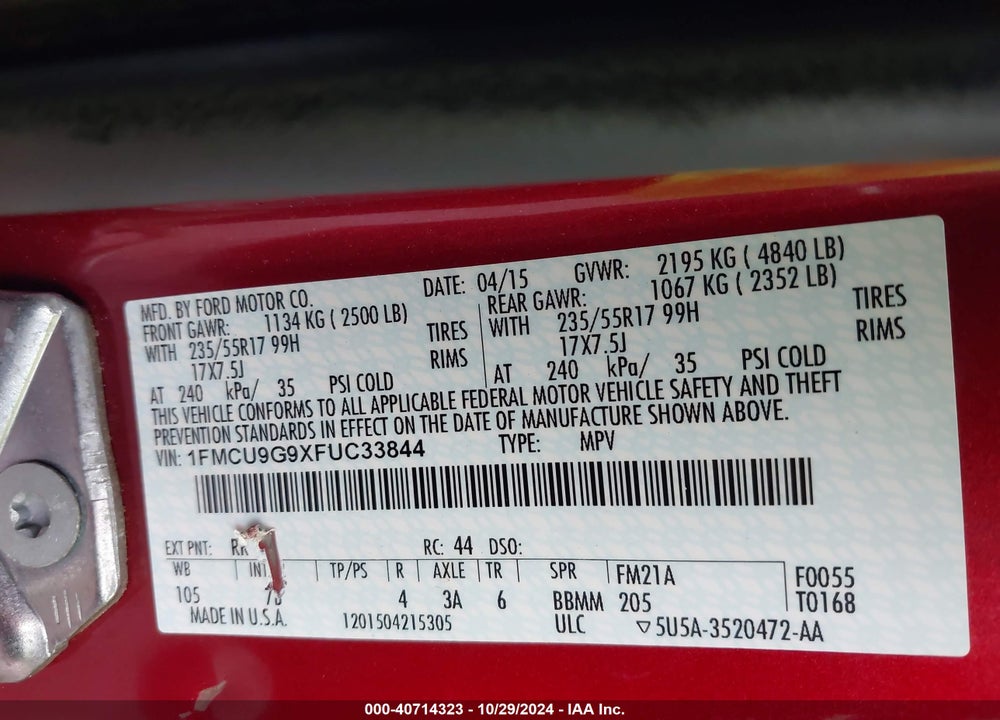 2015 FORD ESCAPE SE VIN: 1FMCU9G9XFUC33844