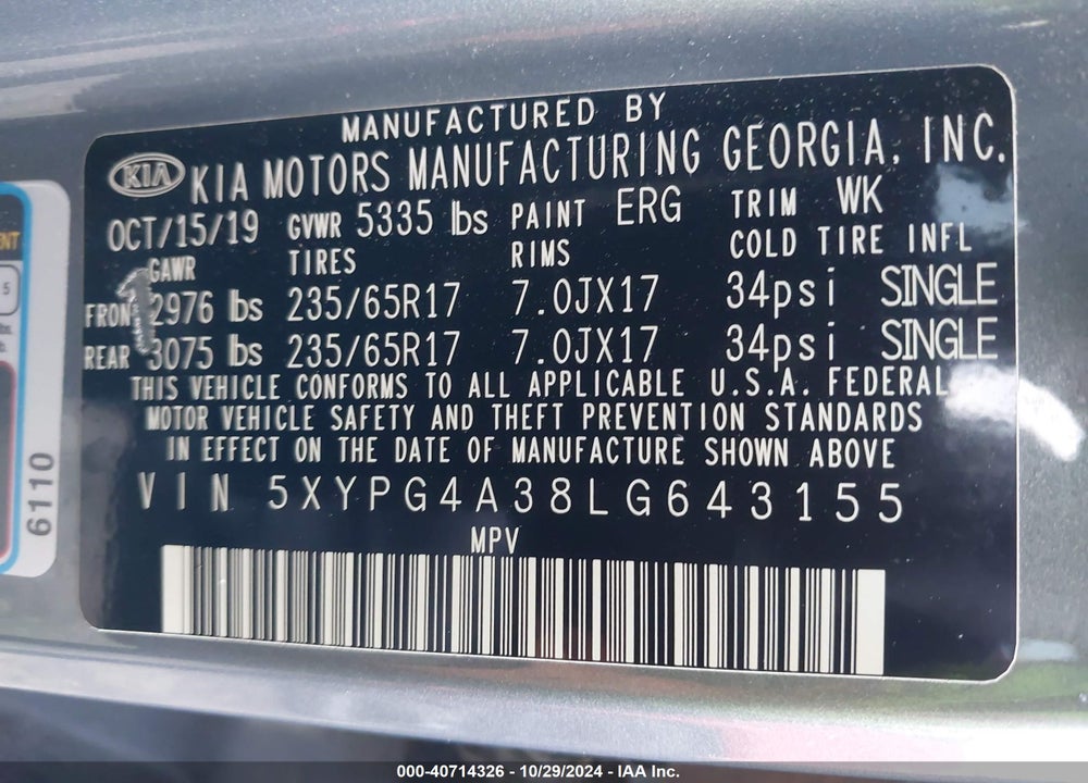 2020 KIA SORENTO 2.4L LX VIN: 5XYPG4A38LG643155