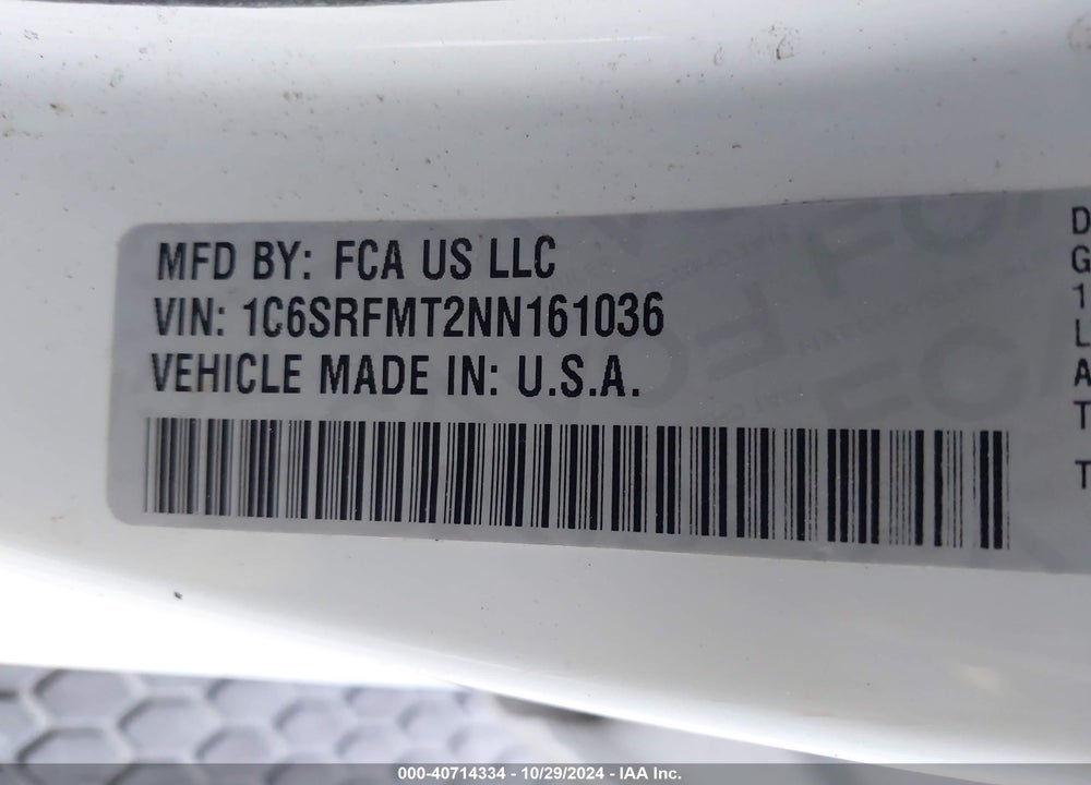 2022 RAM 1500 BIG HORN 4X4 6'4 BOX VIN: 1C6SRFMT2NN161036