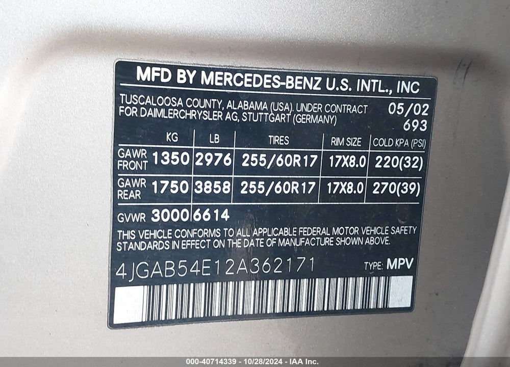 2002 MERCEDES-BENZ ML 320 VIN: 4JGAB54E12A362171