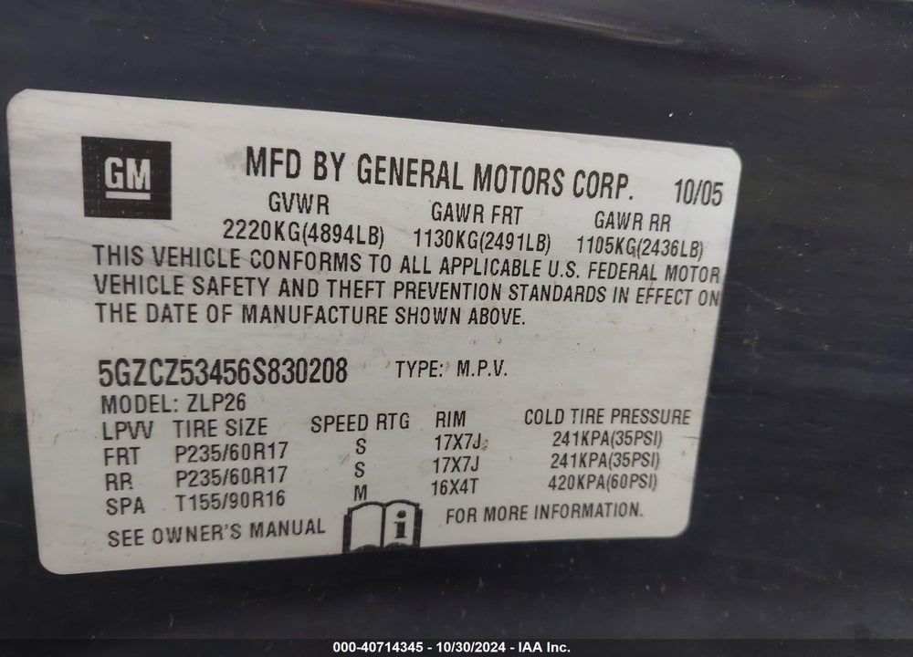 2006 SATURN VUE V6 VIN: 5GZCZ53456S830208