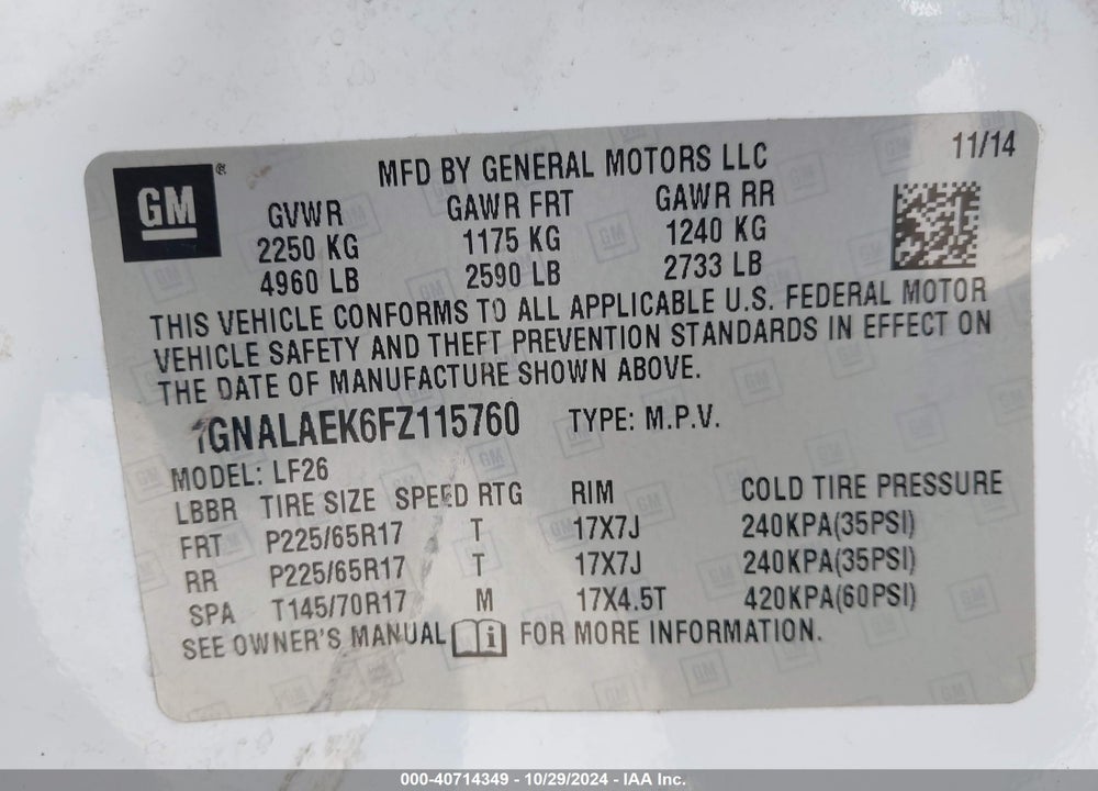 2015 CHEVROLET EQUINOX LS VIN: 1GNALAEK6FZ115760