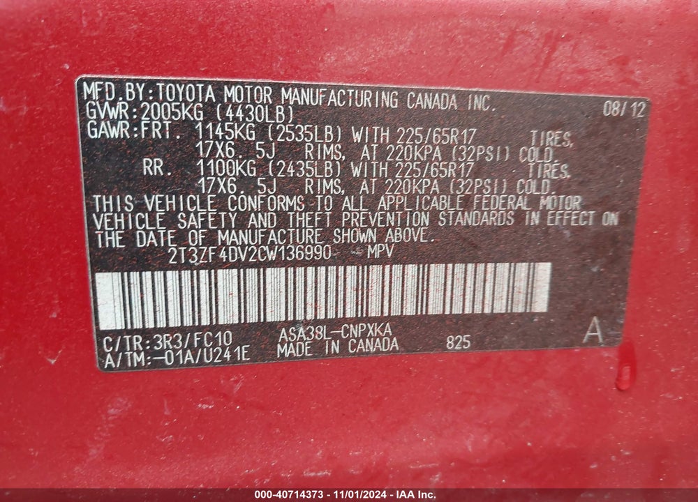 2012 TOYOTA RAV4 VIN: 2T3ZF4DV2CW136990