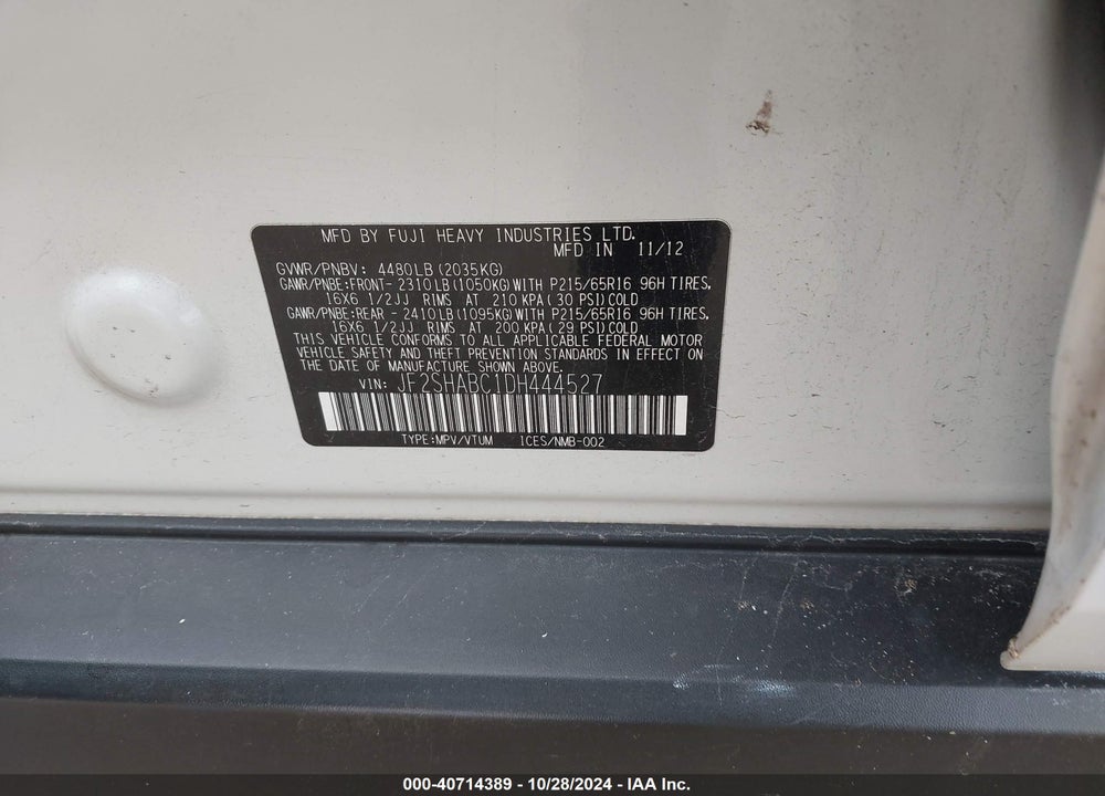 2013 SUBARU FORESTER 2.5X VIN: JF2SHABC1DH444527