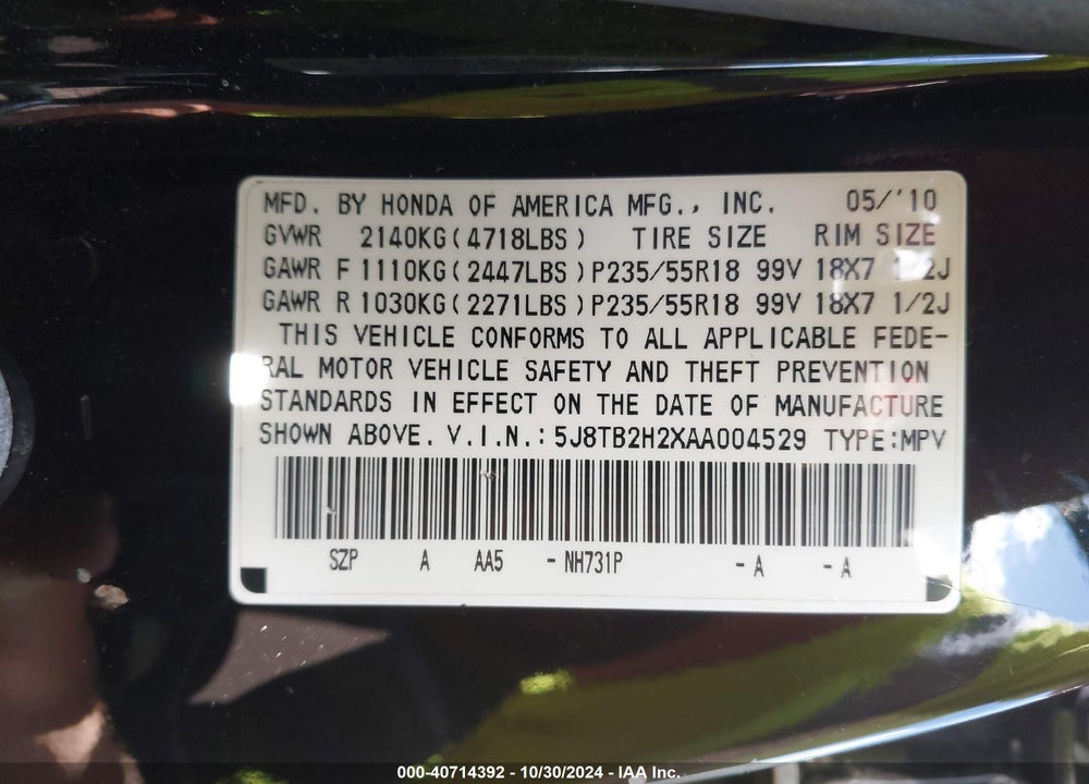 2010 ACURA RDX VIN: 5J8TB2H2XAA004529