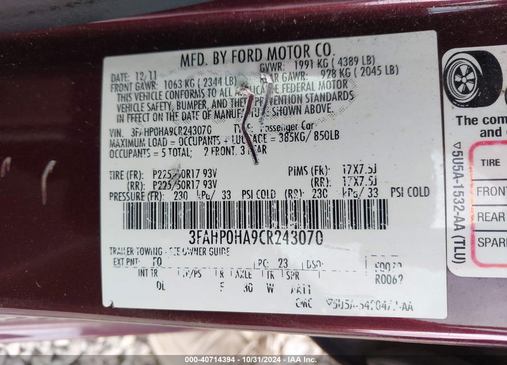 2012 FORD FUSION SE VIN: 3FAHP0HA9CR243070
