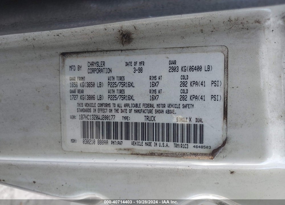 1998 DODGE RAM 1500 ST VIN: 1B7HC13Z0WJ200177