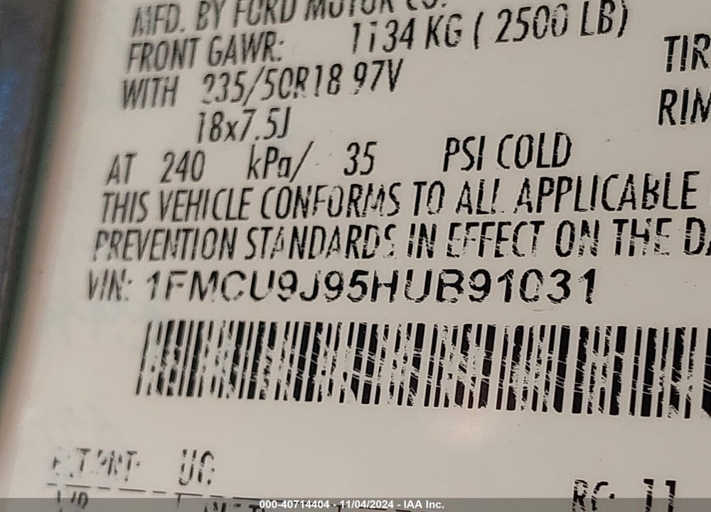2017 FORD ESCAPE TITANIUM VIN: 1FMCU9J95HUB91031