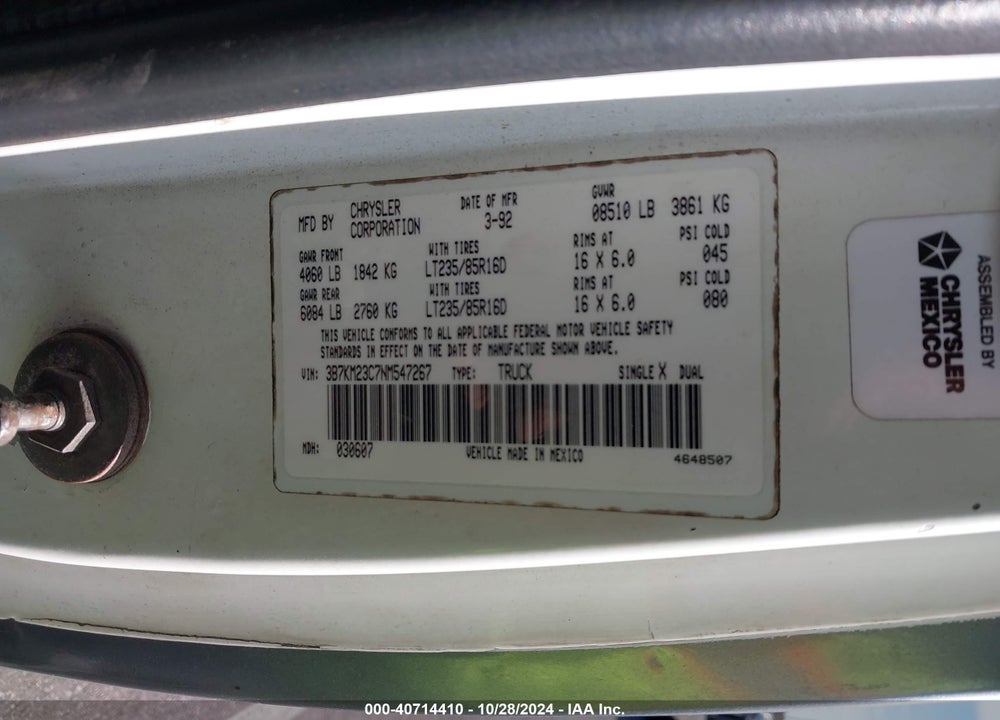 1992 DODGE W-SERIES W200/W250 VIN: 3B7KM23C7NM547267