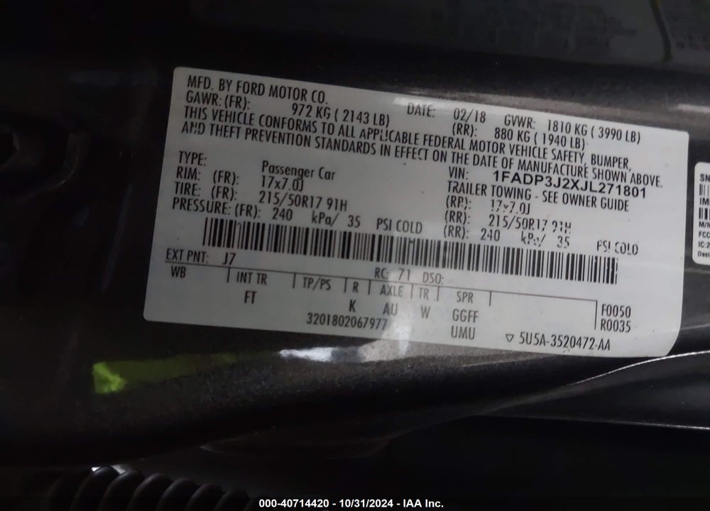 2018 FORD FOCUS TITANIUM VIN: 1FADP3J2XJL271801