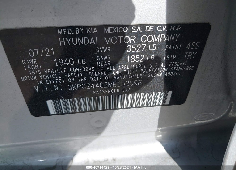 2021 HYUNDAI ACCENT SEL VIN: 3KPC24A62ME152098