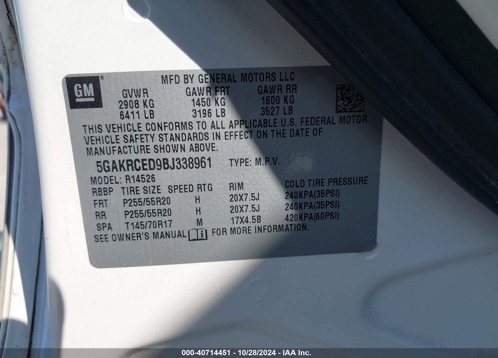 2011 BUICK ENCLAVE 2XL VIN: 5GAKRCED9BJ338961