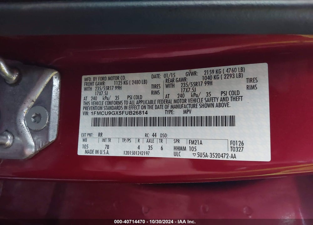 2015 FORD ESCAPE SE VIN: 1FMCU9GX5FUB26814