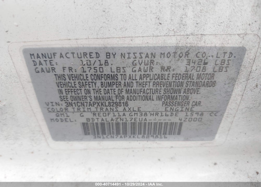2019 NISSAN VERSA 1.6 S+ VIN: 3N1CN7APXKL829816