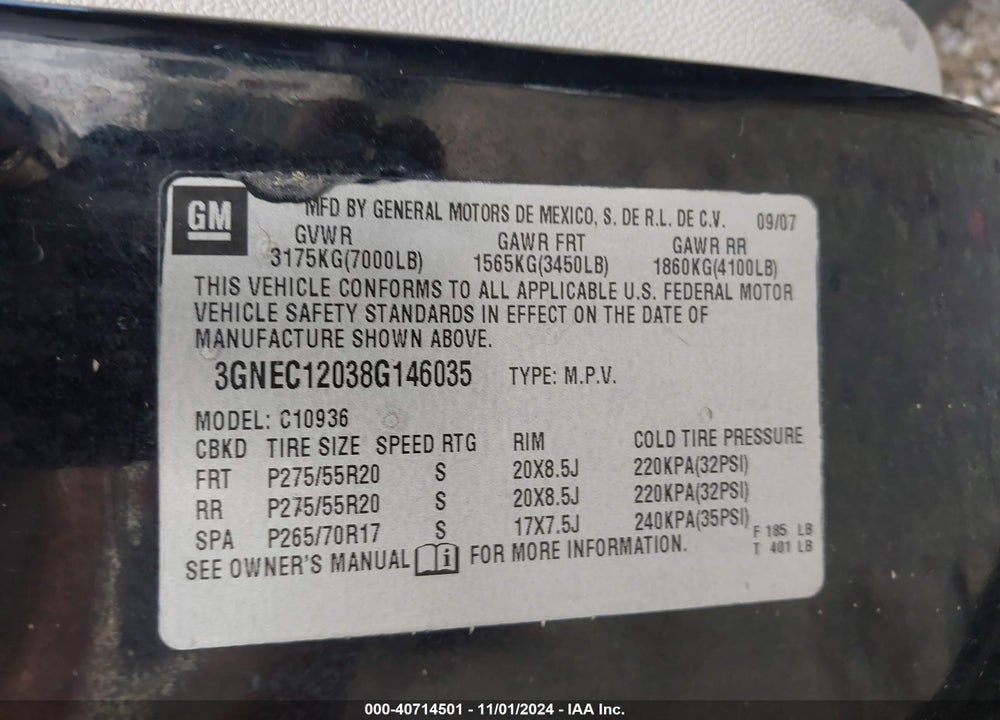 2008 CHEVROLET AVALANCHE 1500 LTZ VIN: 3GNEC12038G146035