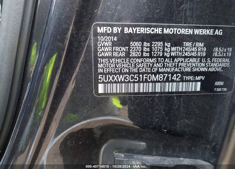 2015 BMW X4 XDRIVE28I VIN: 5UXXW3C51F0M87142