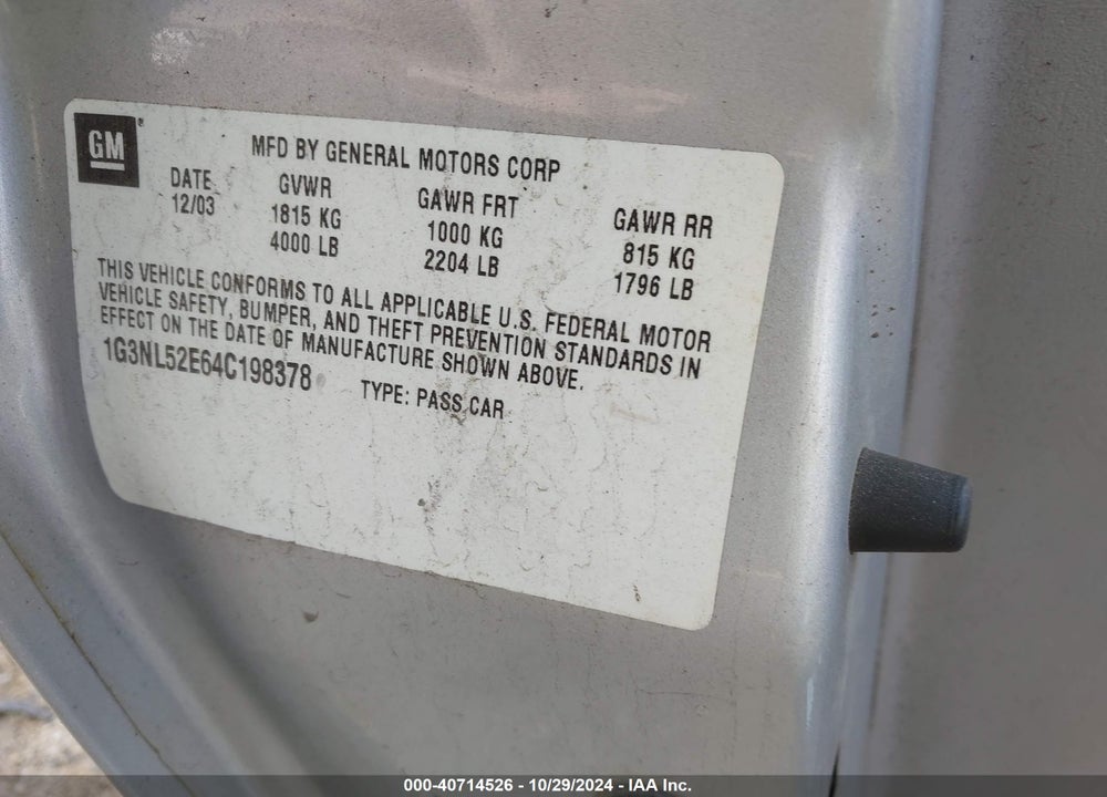 2004 OLDSMOBILE ALERO GL1 VIN: 1G3NL52E64C198378