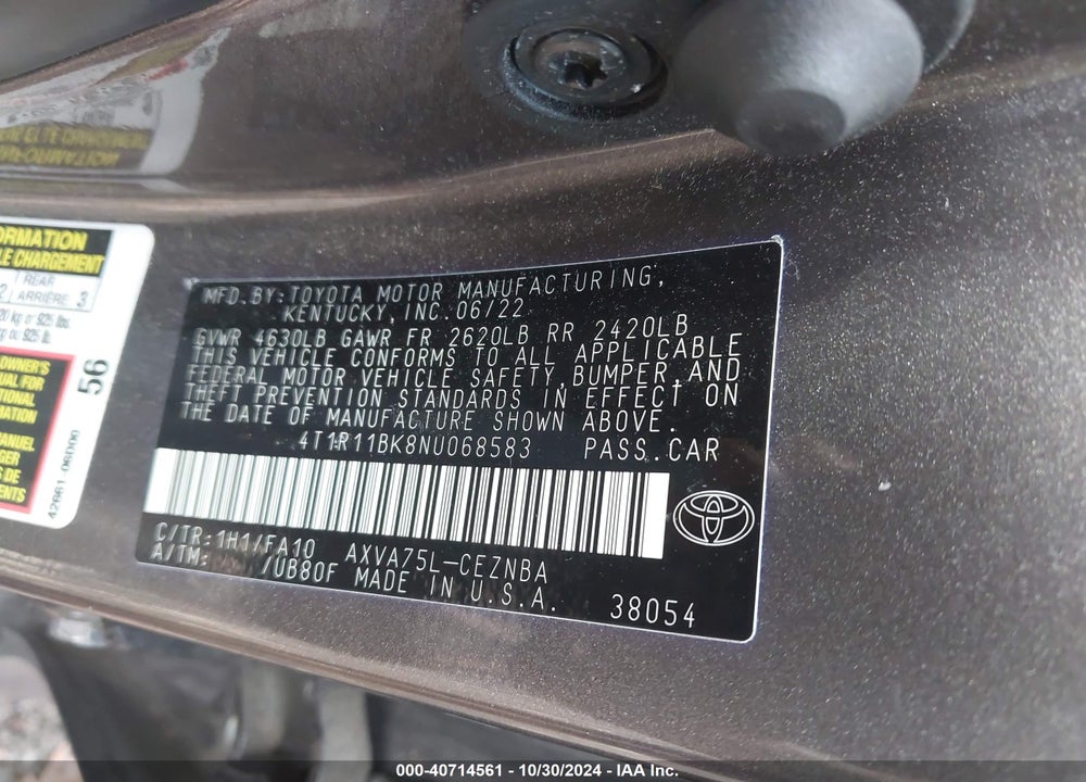 2022 TOYOTA CAMRY LE AWD VIN: 4T1R11BK8NU068583