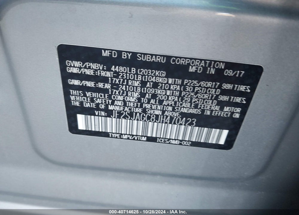 2018 SUBARU FORESTER 2.5I PREMIUM VIN: JF2SJAGC8JH470423