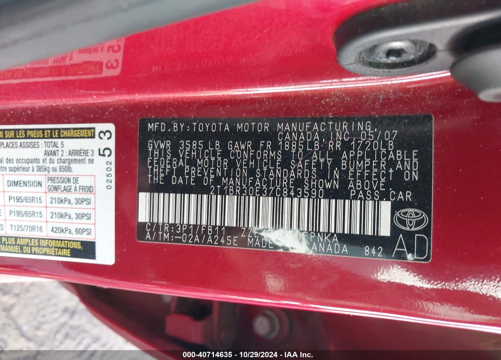 2007 TOYOTA COROLLA LE VIN: 2T1BR30E37C843590