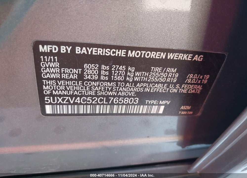 2012 BMW X5 XDRIVE35I/XDRIVE35I PREMIUM/XDRIVE35I SPORT ACTIVITY VIN: 5UXZV4C52CL765803