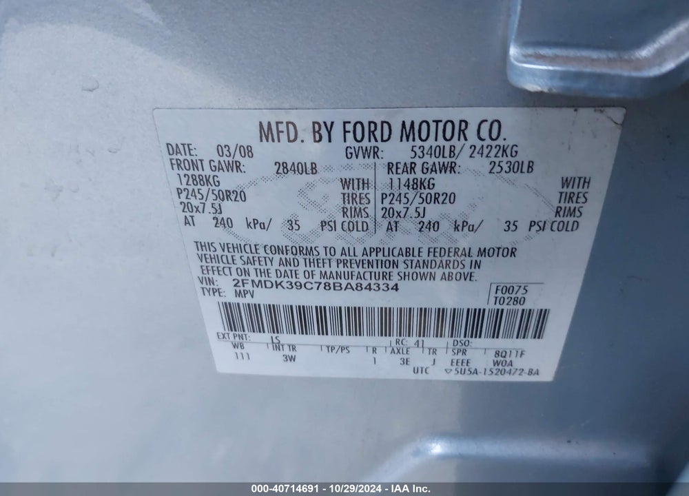 2008 FORD EDGE LIMITED VIN: 2FMDK39C78BA84334