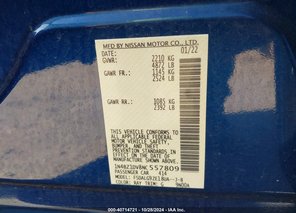 2022 NISSAN LEAF SL PLUS 62 KWH VIN: 1N4BZ1DV8NC557809