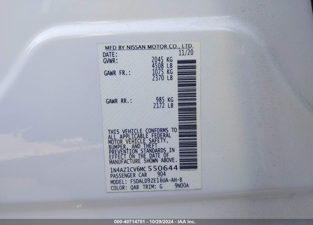 2021 NISSAN LEAF SV 40 KWH VIN: 1N4AZ1CV6MC550644
