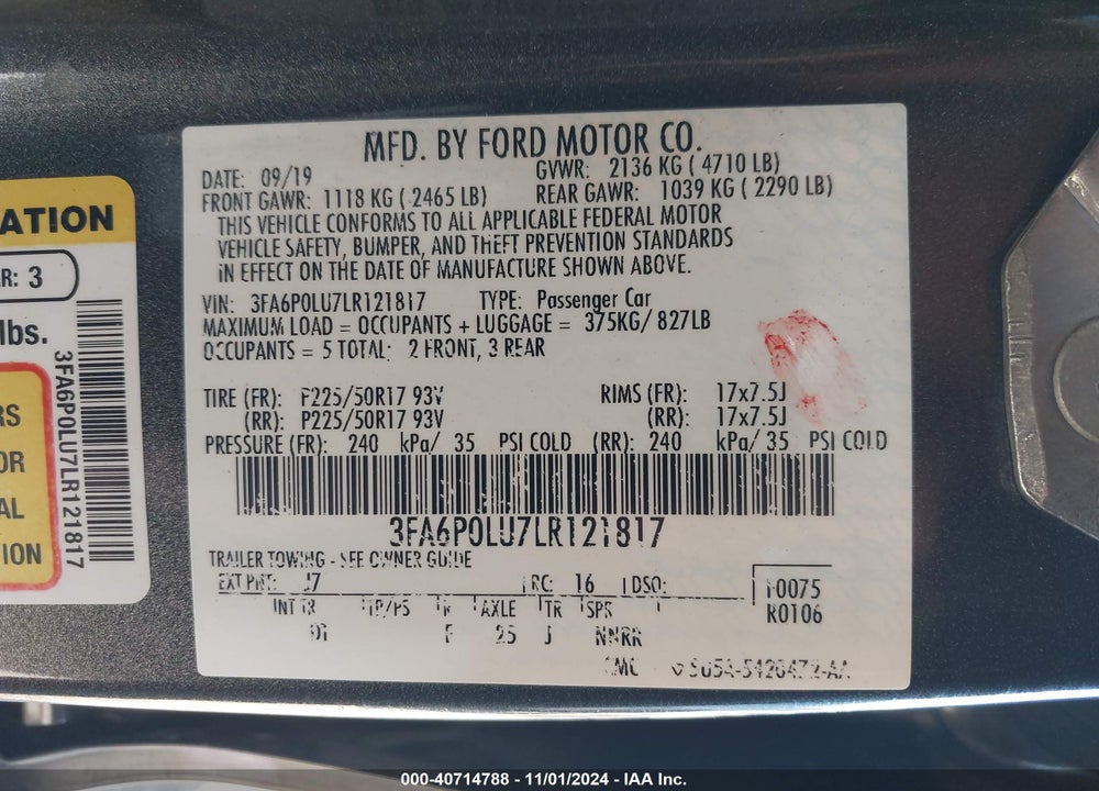2020 FORD FUSION HYBRID SE VIN: 3FA6P0LU7LR121817