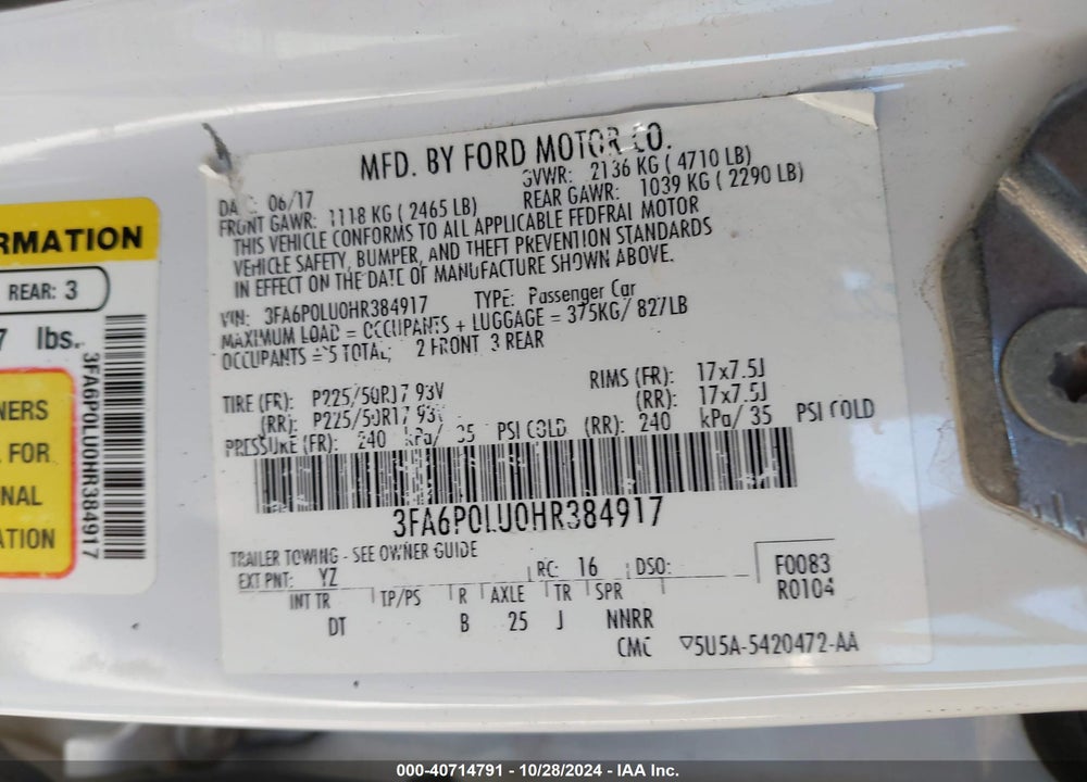 2017 FORD FUSION HYBRID SE VIN: 3FA6P0LU0HR384917