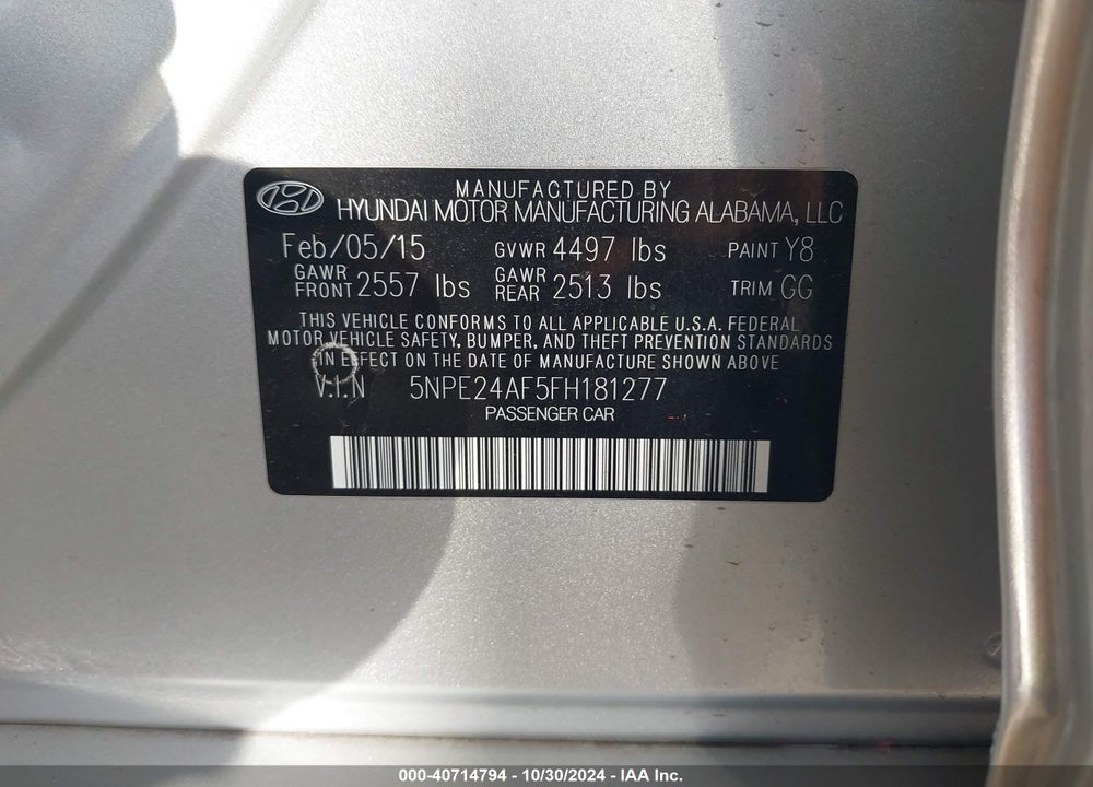 2015 HYUNDAI SONATA SE VIN: 5NPE24AF5FH181277
