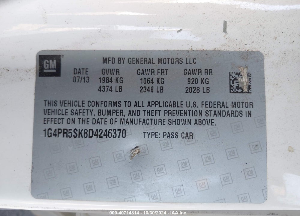 2013 BUICK VERANO VIN: 1G4PR5SK8D4246370